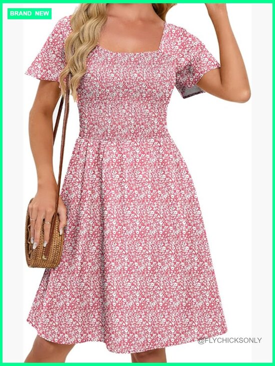 Dresses & Skirts - Smocked Square Neck A-Line Midi Sundress with Pockets Flowy Summer Dress